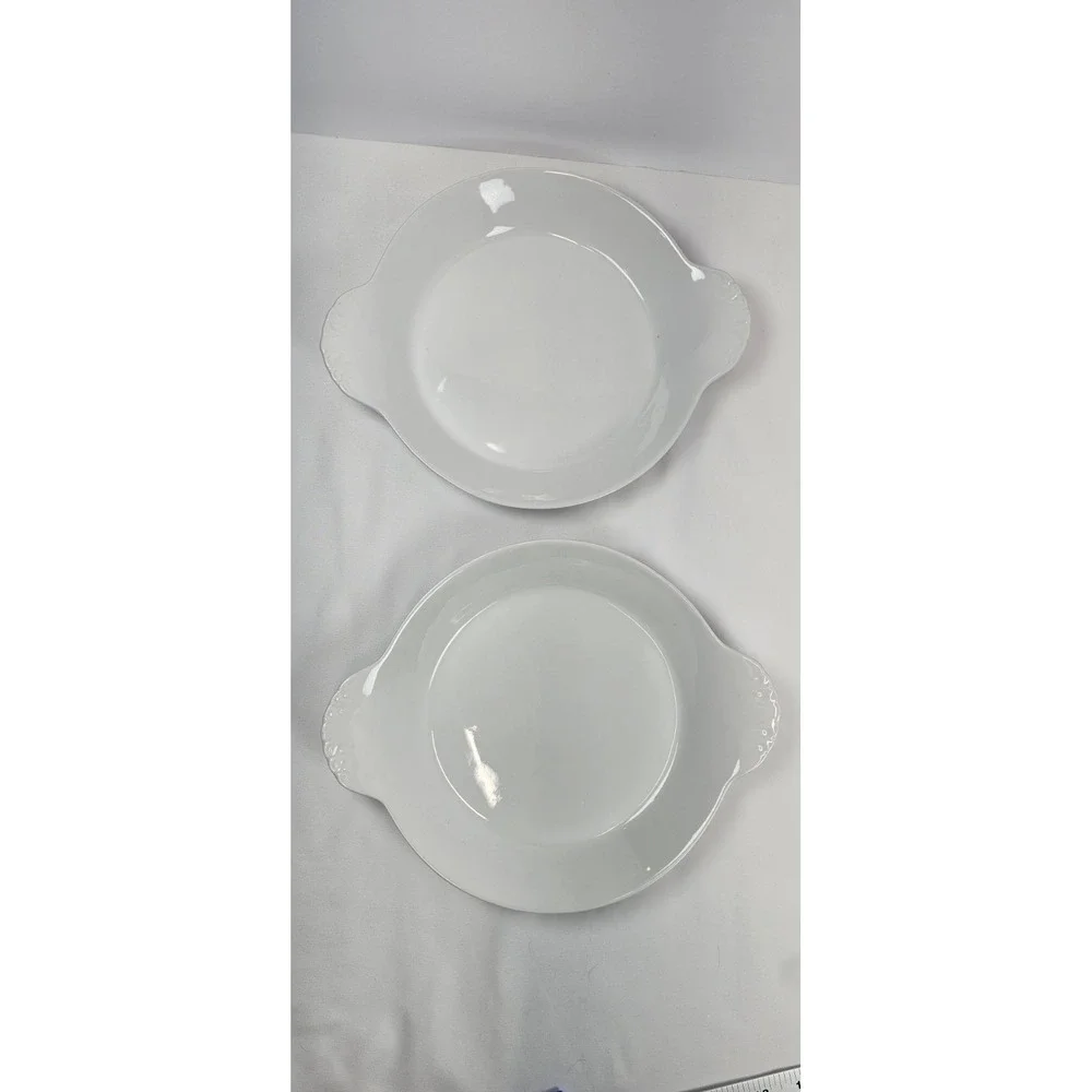 France Porcelain Au Gratin Dishes Set 2 White Round Baker Ear Handle Bowls
